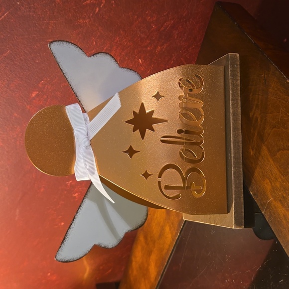 Young's Inc.Tin Tabletop Christmas Angel "Believe" Laser Cut Design Candleholder - Picture 2 of 9